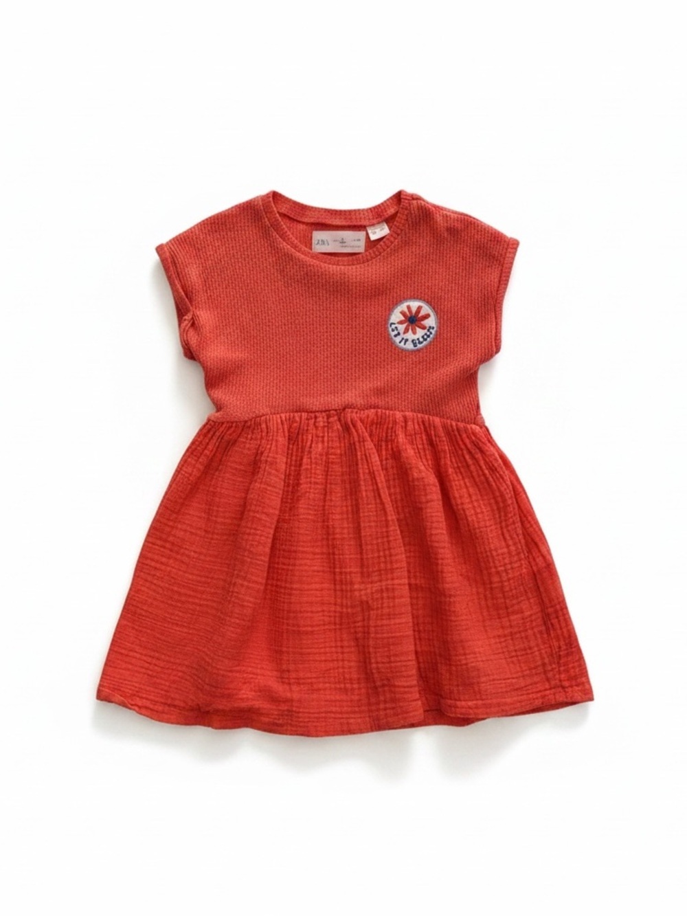 Zara Coral-Red Casual Kids Dress with Flower Patch